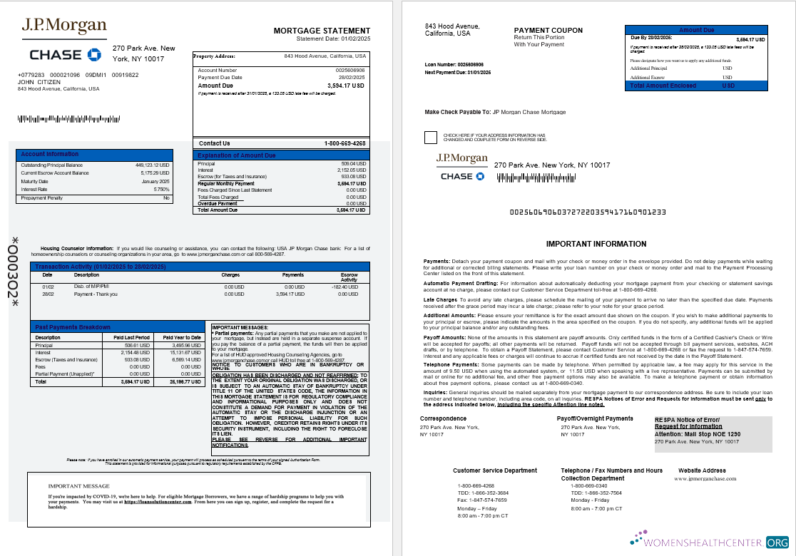 Download USA JP Morgan Chase bank mortgage statement in Word and PDF formats 1 2 Photoshop template